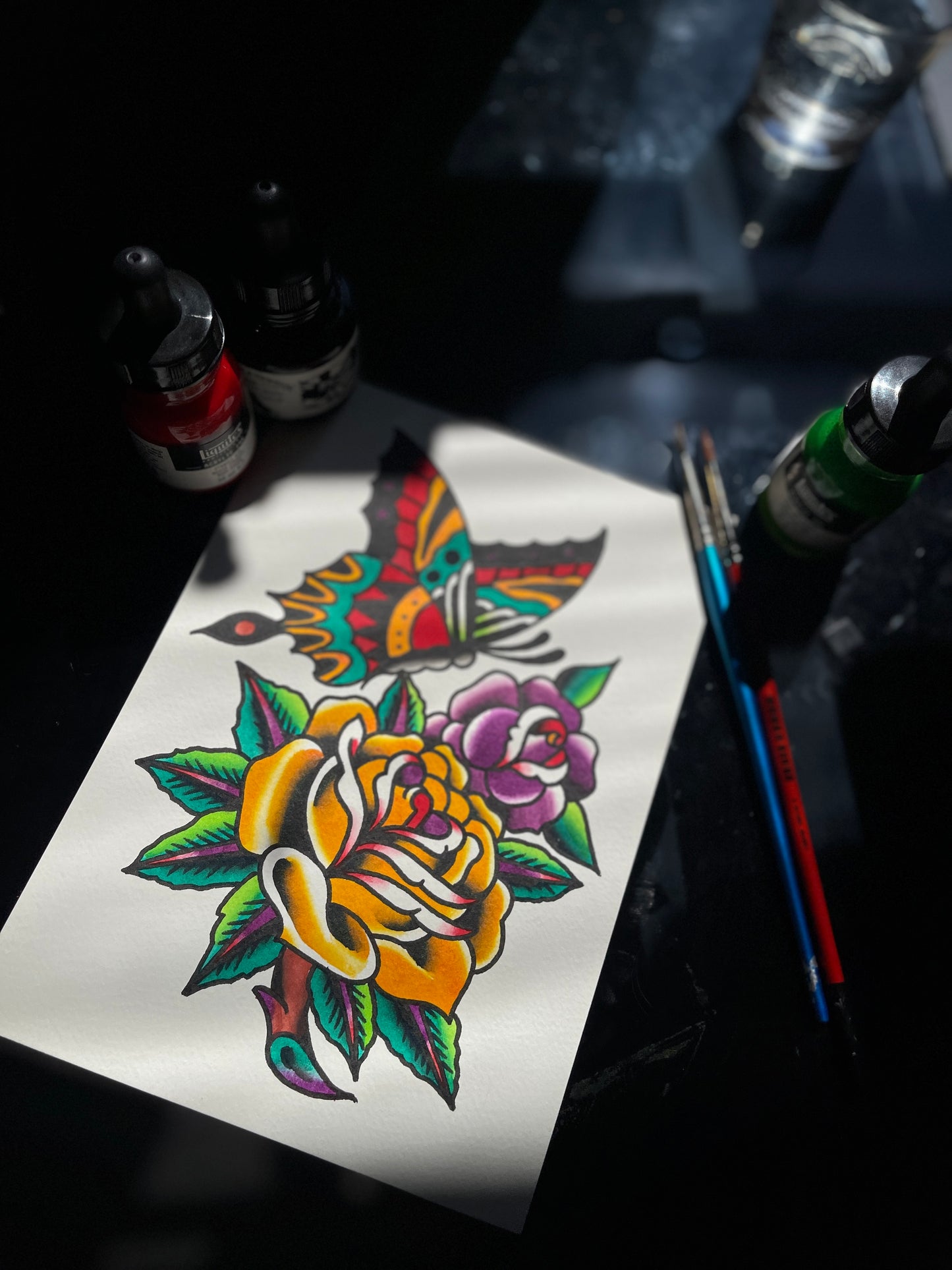 Rose & Butterfly - A5 Original Tattoo Flash