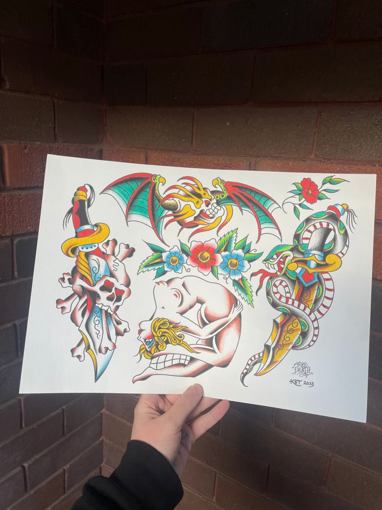 Bendy - A3 Original Tattoo Flash Sheet