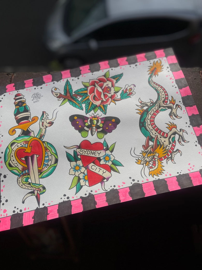 Neon 5 pack - A3 Original Tattoo Flash Sheet
