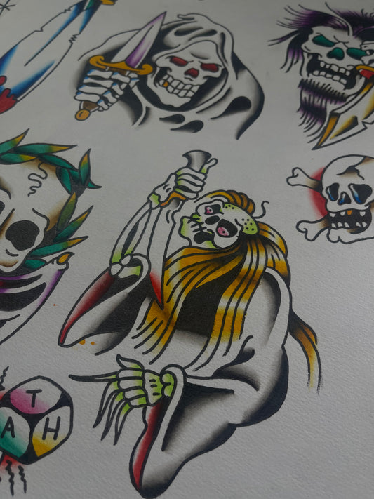 Reapers & Skulls - A3 Original Tattoo Flash Sheet