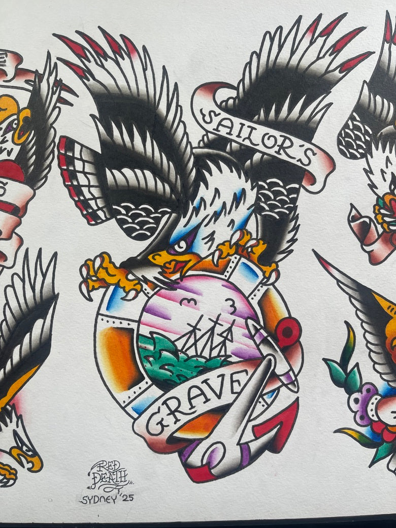 Sailor's Grave - A3 Original Tattoo Flash Sheet