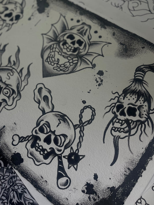 Skulls - A3 Original Tattoo Flash Sheet