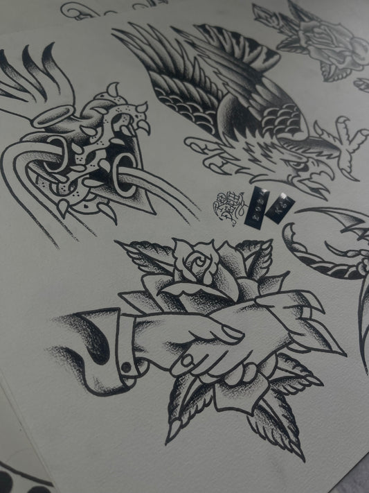 Bangers 2 - A3 Original Tattoo Flash Sheet