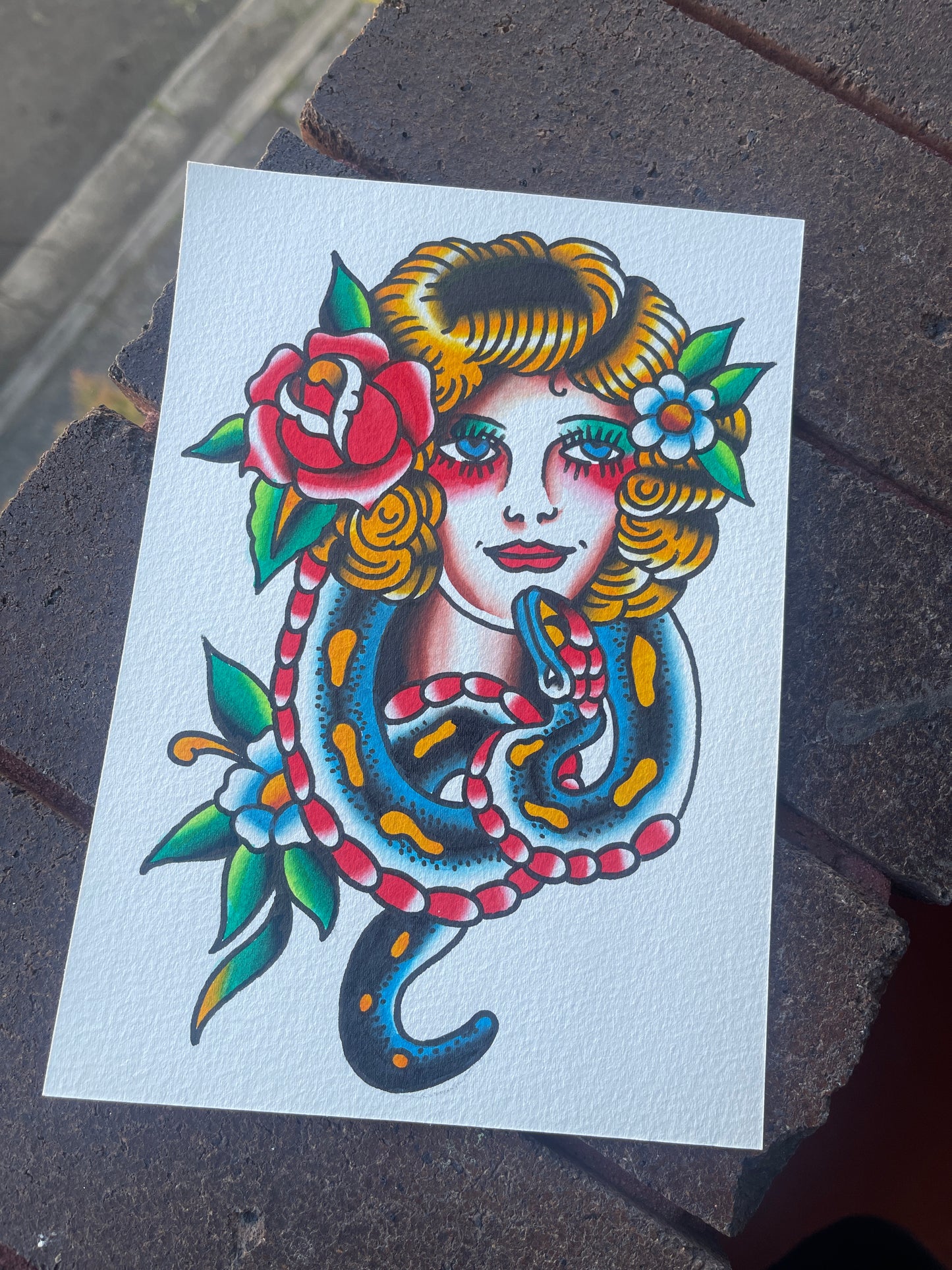 Snake & Lady - A5 Original Tattoo Flash Painting