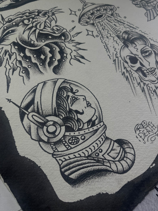 Space Cadet - A3 Original Tattoo Flash Sheet