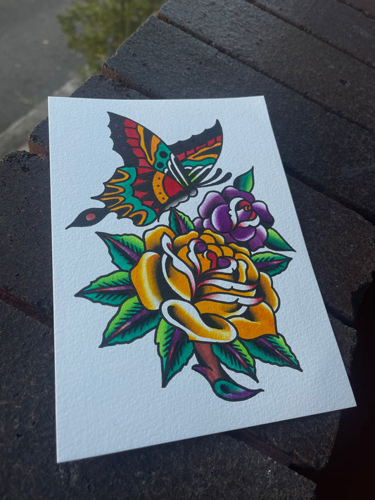 Rose & Butterfly - A5 Original Tattoo Flash