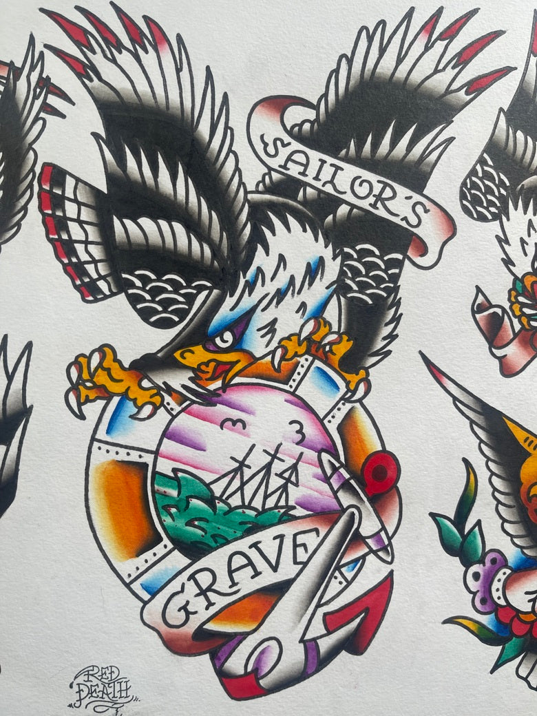 Sailor's Grave - A3 Original Tattoo Flash Sheet