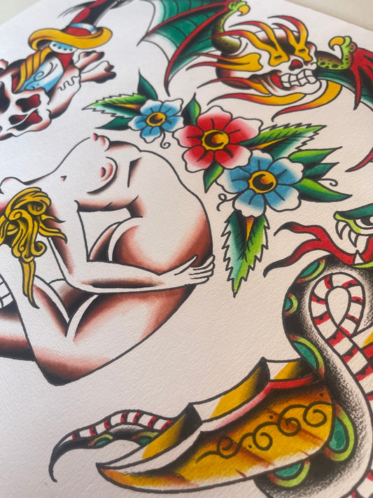 Bendy - A3 Original Tattoo Flash Sheet