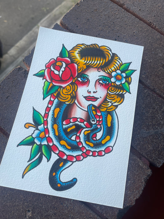Snake & Lady - A5 Original Tattoo Flash Painting