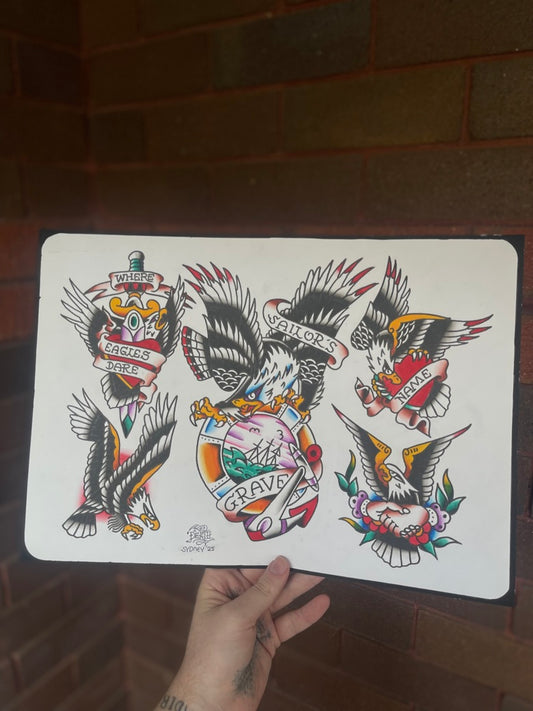 Sailor's Grave - A3 Original Tattoo Flash Sheet
