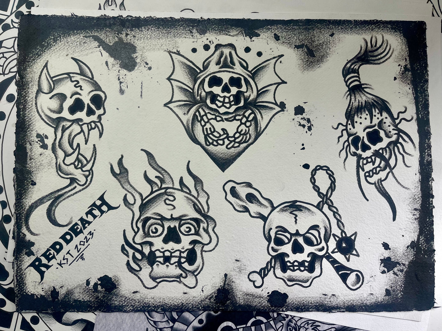 Skulls - A3 Original Tattoo Flash Sheet