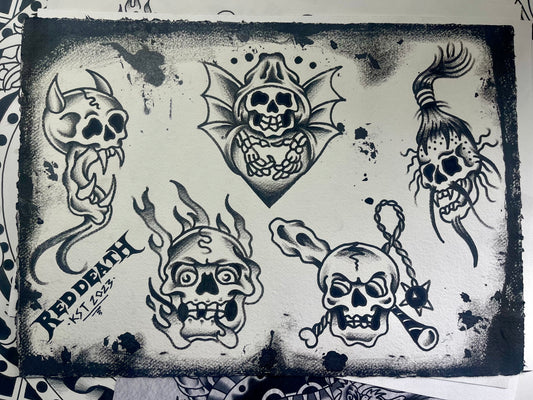 Skulls - A3 Original Tattoo Flash Sheet