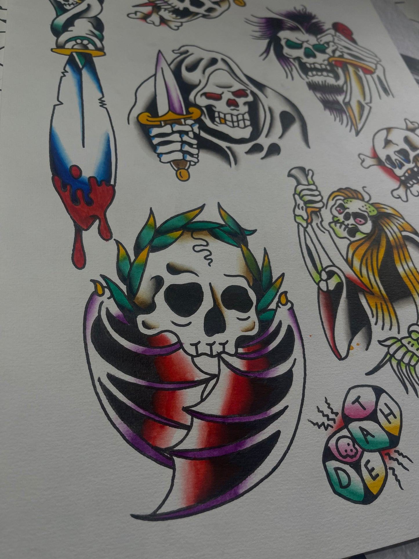 Reapers & Skulls - A3 Original Tattoo Flash Sheet