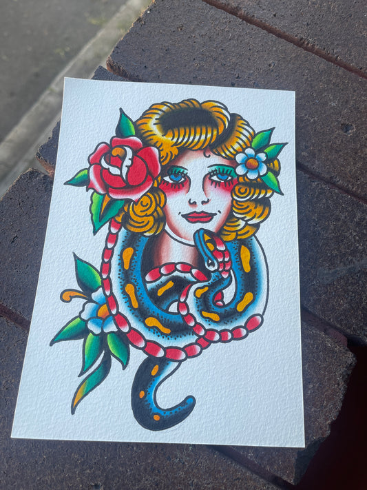 Snake & Lady - A5 Original Tattoo Flash Painting