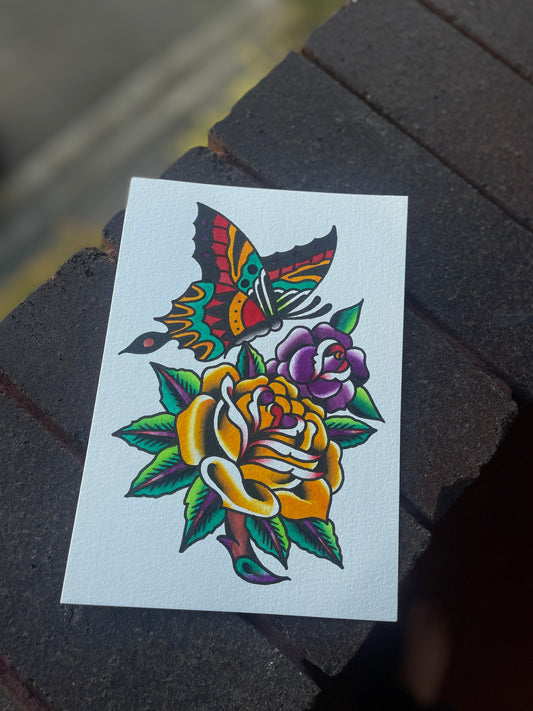 Rose & Butterfly - A5 Original Tattoo Flash