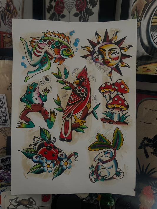 Cardinal - A3 Original Tattoo Flash Sheet