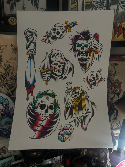 Reapers & Skulls - A3 Original Tattoo Flash Sheet