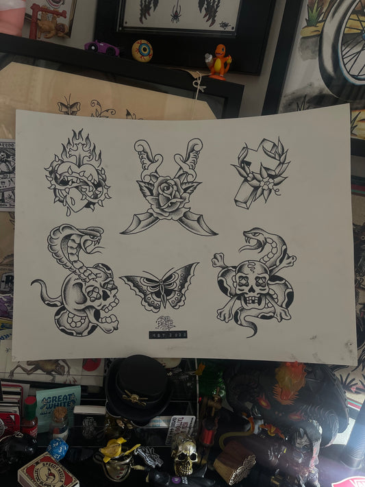 Bangers - A3 Original Tattoo Flash Sheet