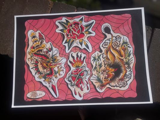 2022 Flash Set, RED - A3 Tattoo Flash Sheet Print
