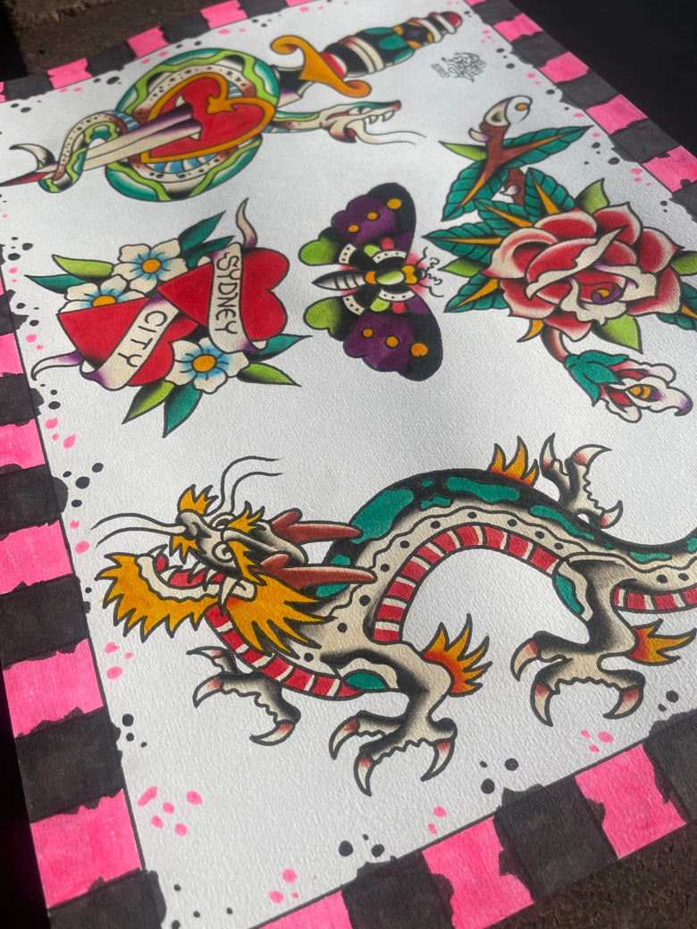 Neon 5 pack - A3 Original Tattoo Flash Sheet