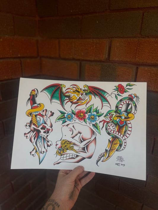 Bendy - A3 Original Tattoo Flash Sheet